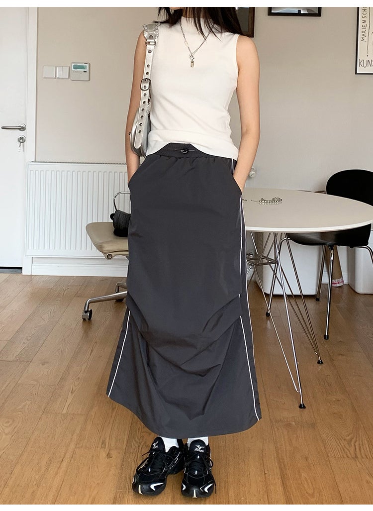 Doris Pleated Split Midi Skirt Elastic Waist Womens Fashion Gray