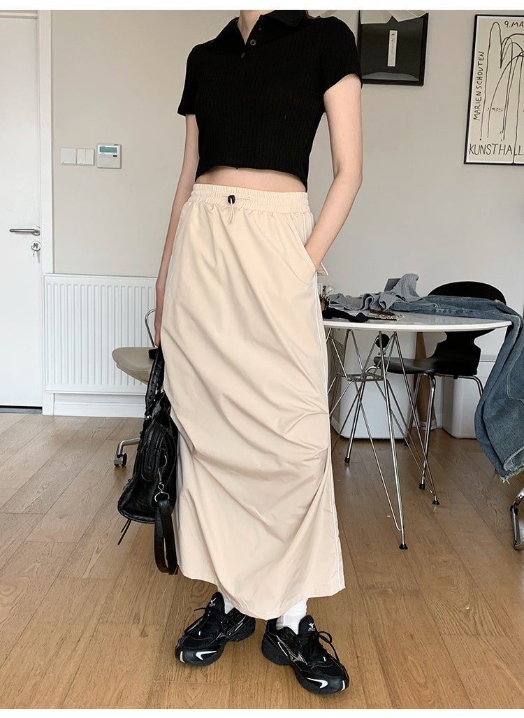 Doris Pleated Split Midi Skirt Elastic Waist Womens Fashion Beige