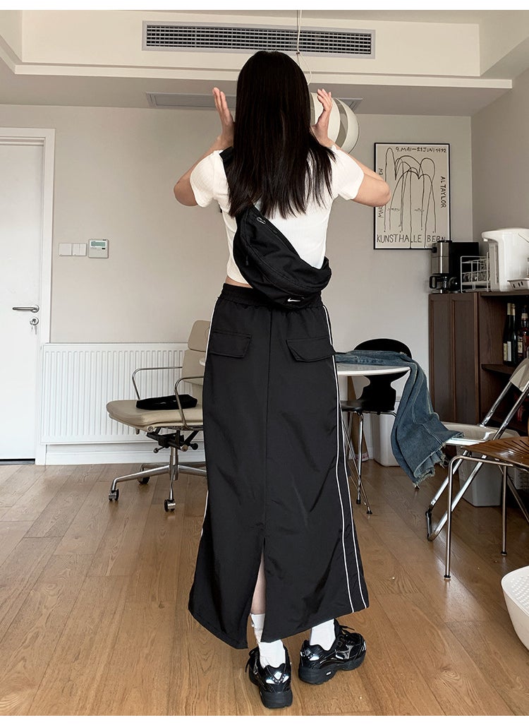 Doris Pleated Split Midi Skirt Elastic Waist Womens Fashion Black