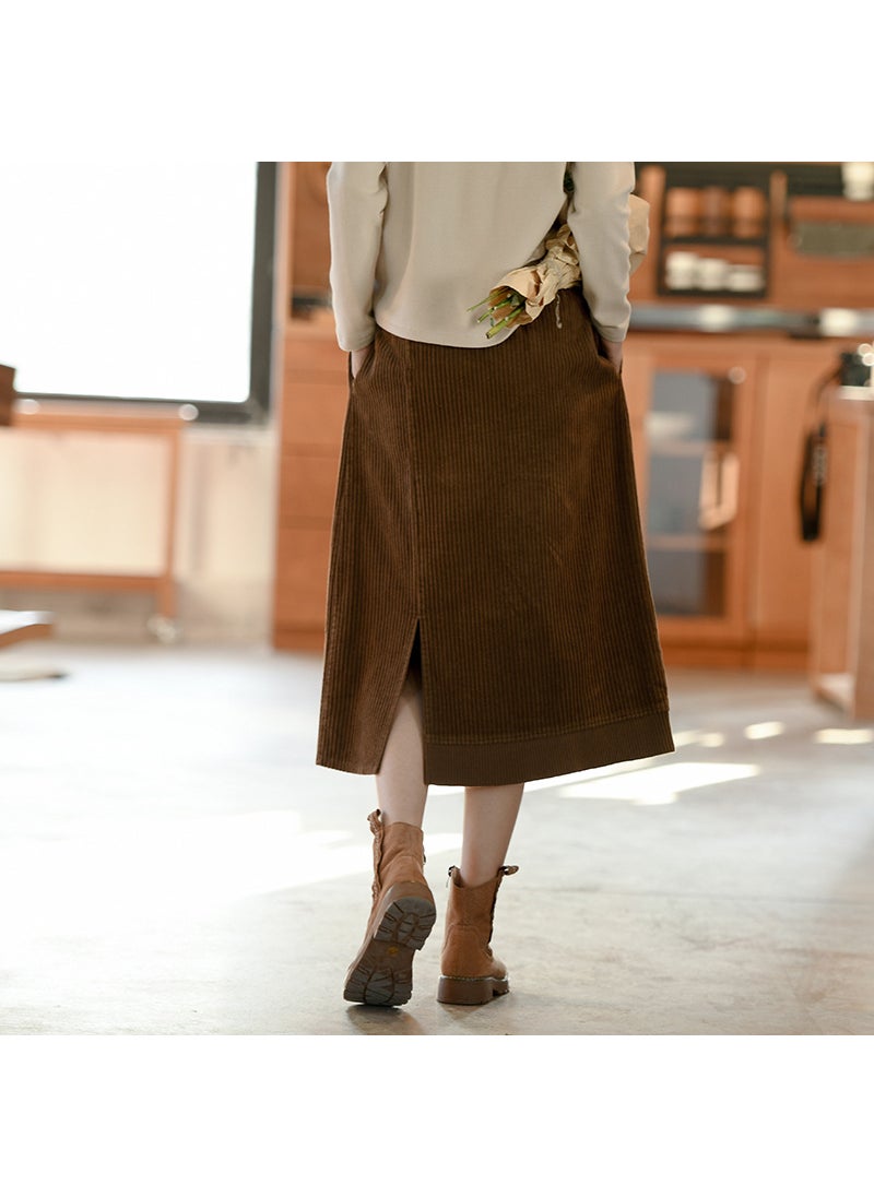 2024 Vintage Corduroy Split A-Line Skirt Fragrant coffee