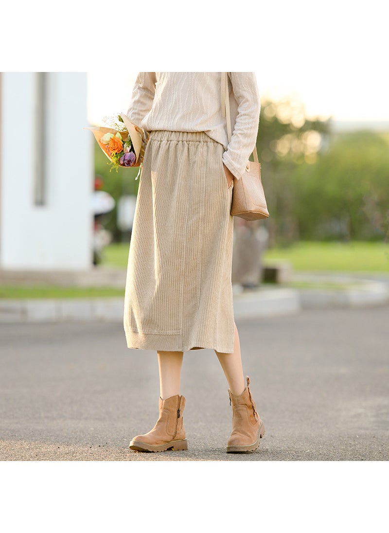 2024 Vintage Corduroy Split A-Line Skirt Qiuxiang Rice