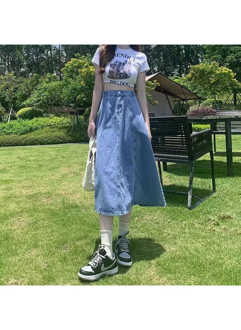 2023 Autumn Denim Skirt High Waist Slim A-line Midi Light blue