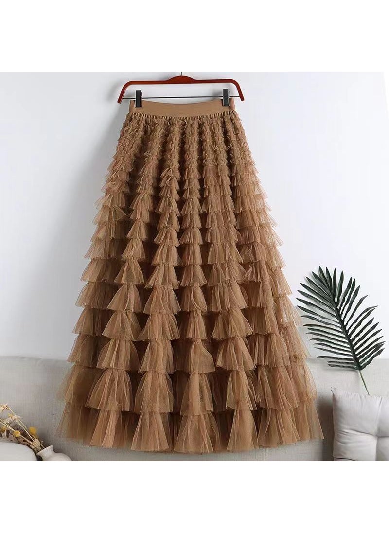 2024 Elegant Tulle Ruffle Midi Skirt for Women Dark Khaki