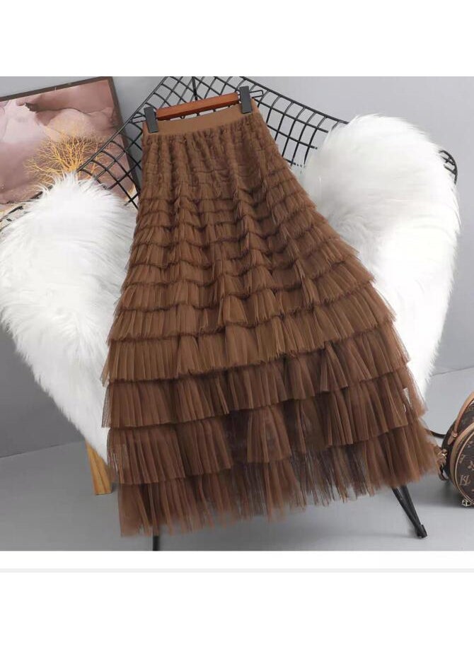 2024 Elegant Tulle Ruffle Midi Skirt for Women Brown