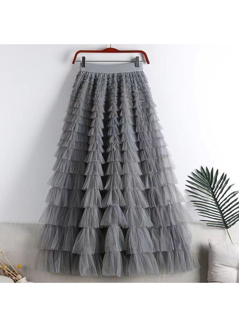 2024 Elegant Tulle Ruffle Midi Skirt for Women Gray