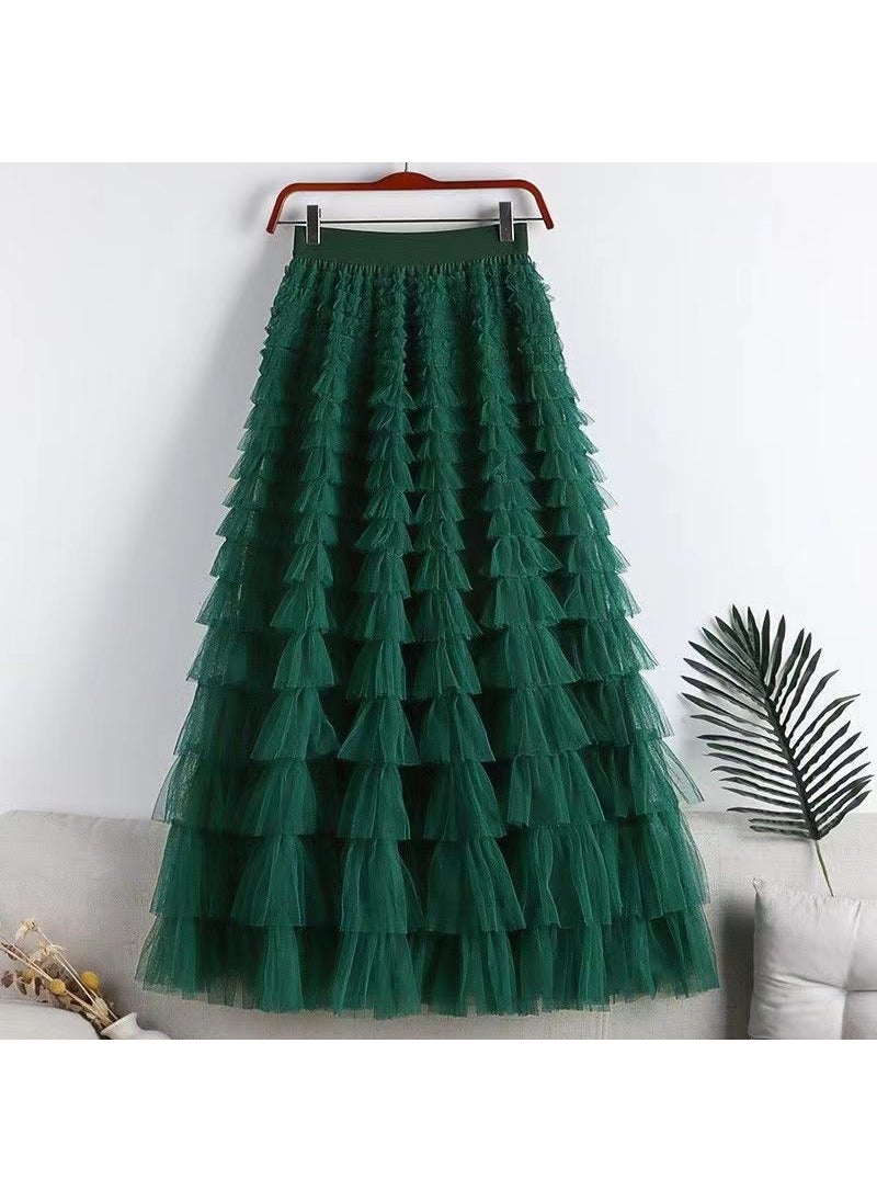 2024 Elegant Tulle Ruffle Midi Skirt for Women Dark green