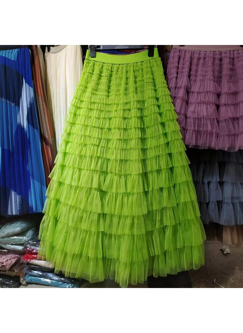 2024 Elegant Tulle Ruffle Midi Skirt for Women Fluorescent Green