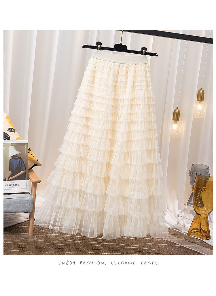 2024 Elegant Tulle Ruffle Midi Skirt for Women Light apricot