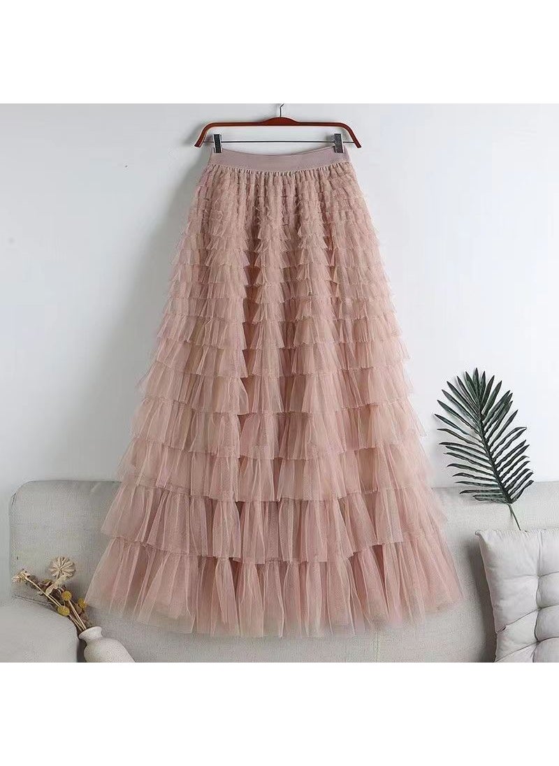 2024 Elegant Tulle Ruffle Midi Skirt for Women Pink