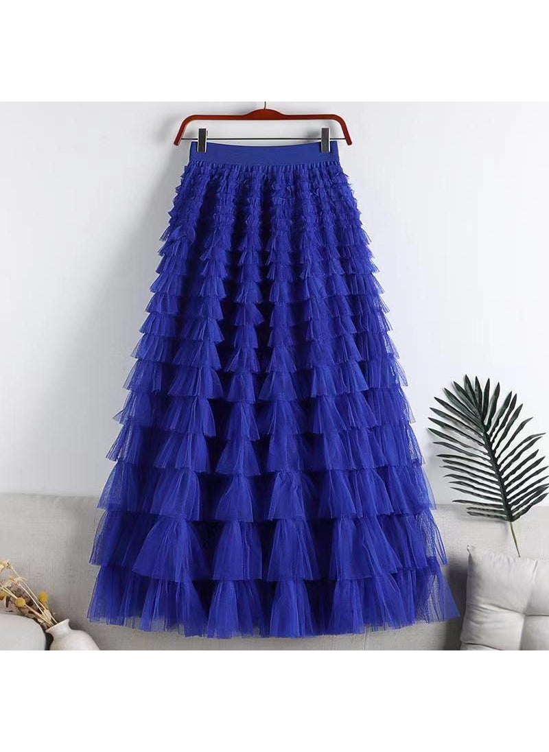 2024 Elegant Tulle Ruffle Midi Skirt for Women Sapphire Blue