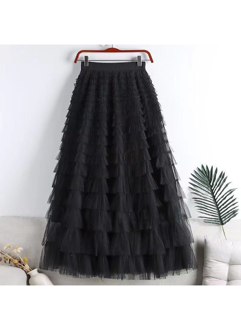 2024 Elegant Tulle Ruffle Midi Skirt for Women Black