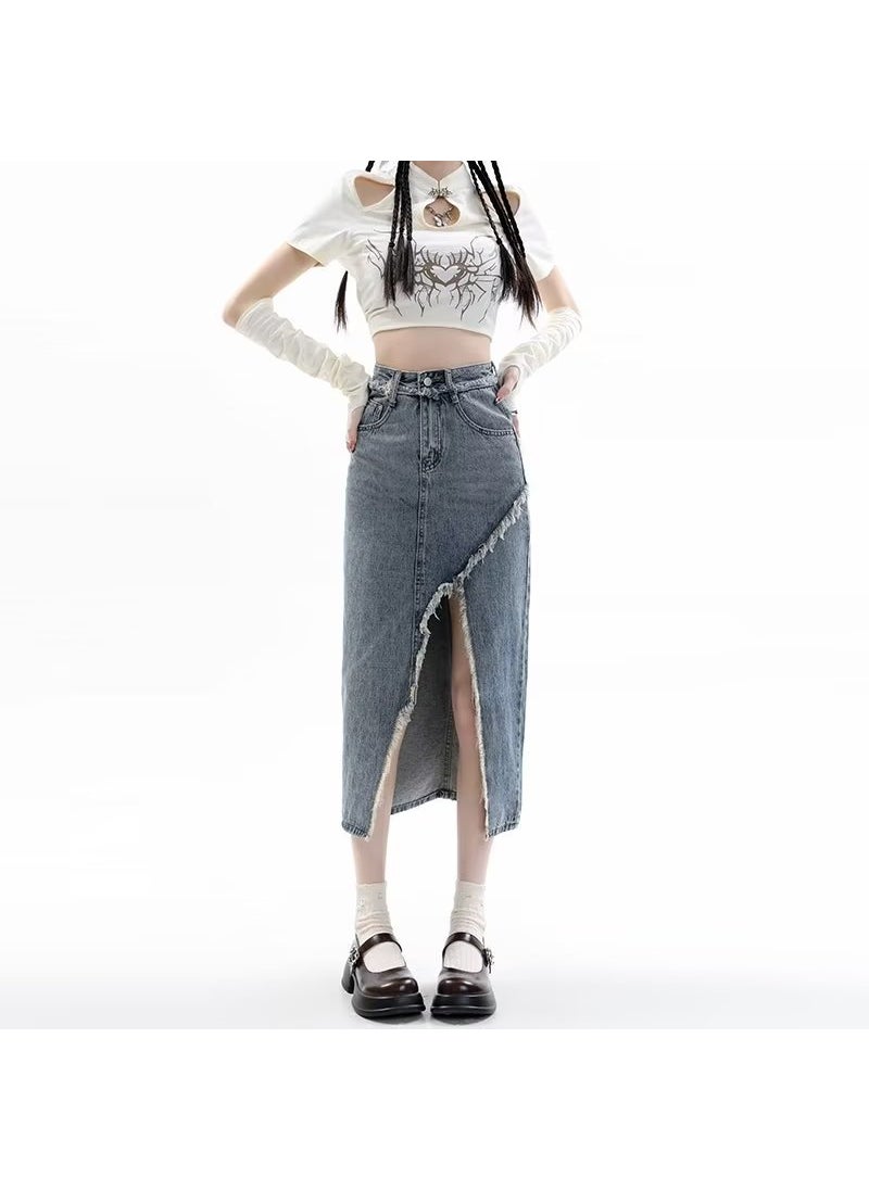 Split High Waist Denim Skirt Women Autumn Winter Slimming A-Line Skirt Blue