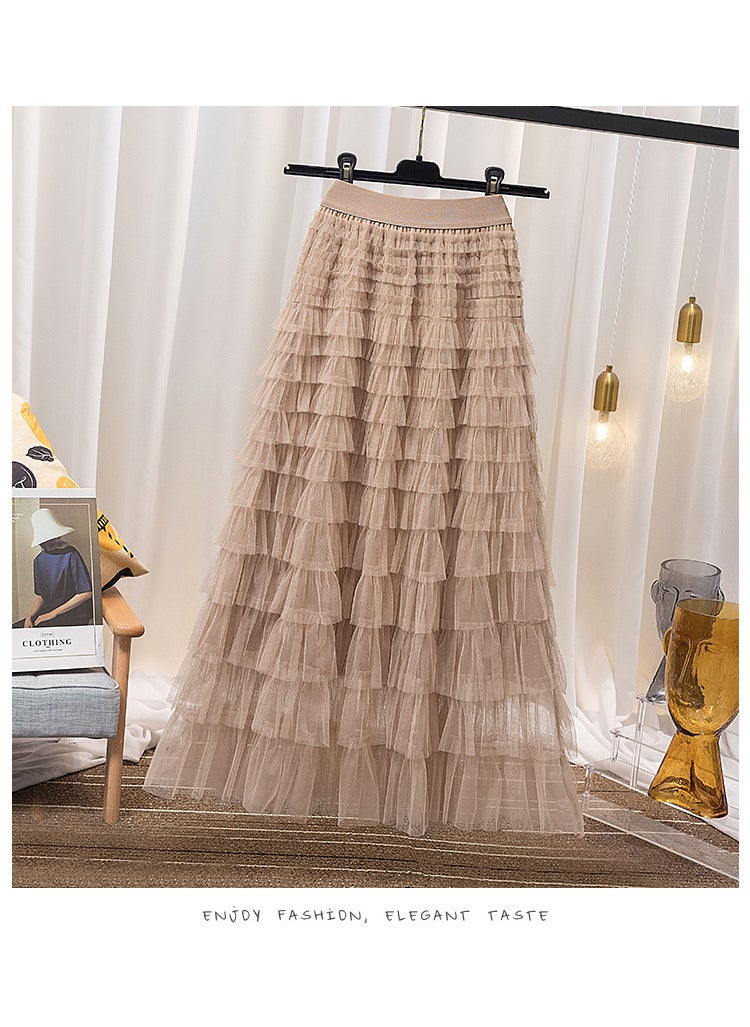 2024 Elegant Tulle Ruffle Midi Skirt for Women Light khaki