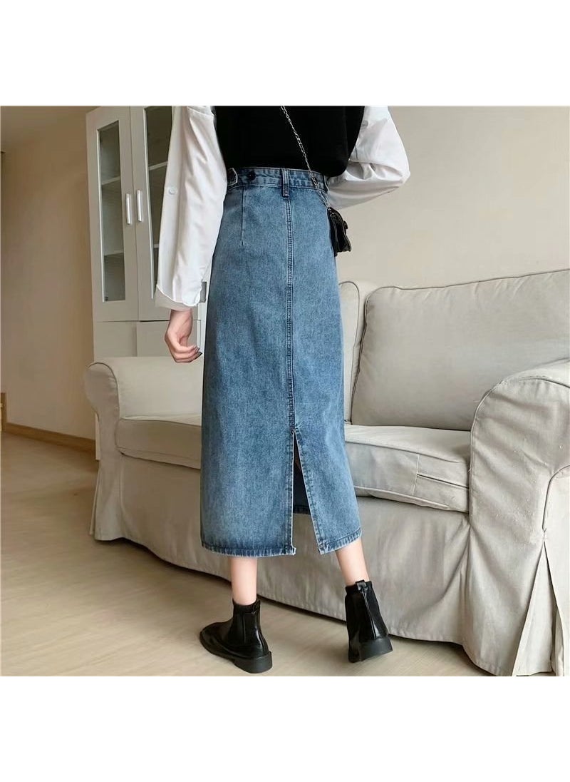2023 Womens Autumn Winter Fashion High-Waist Slim A-Line Midi Skirt Dark blue