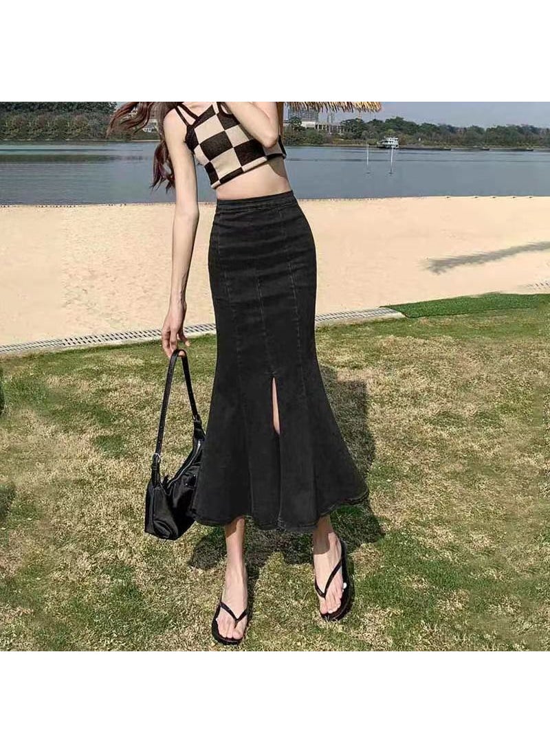Retro Fishtail Denim Skirt Women Autumn 2023 Black