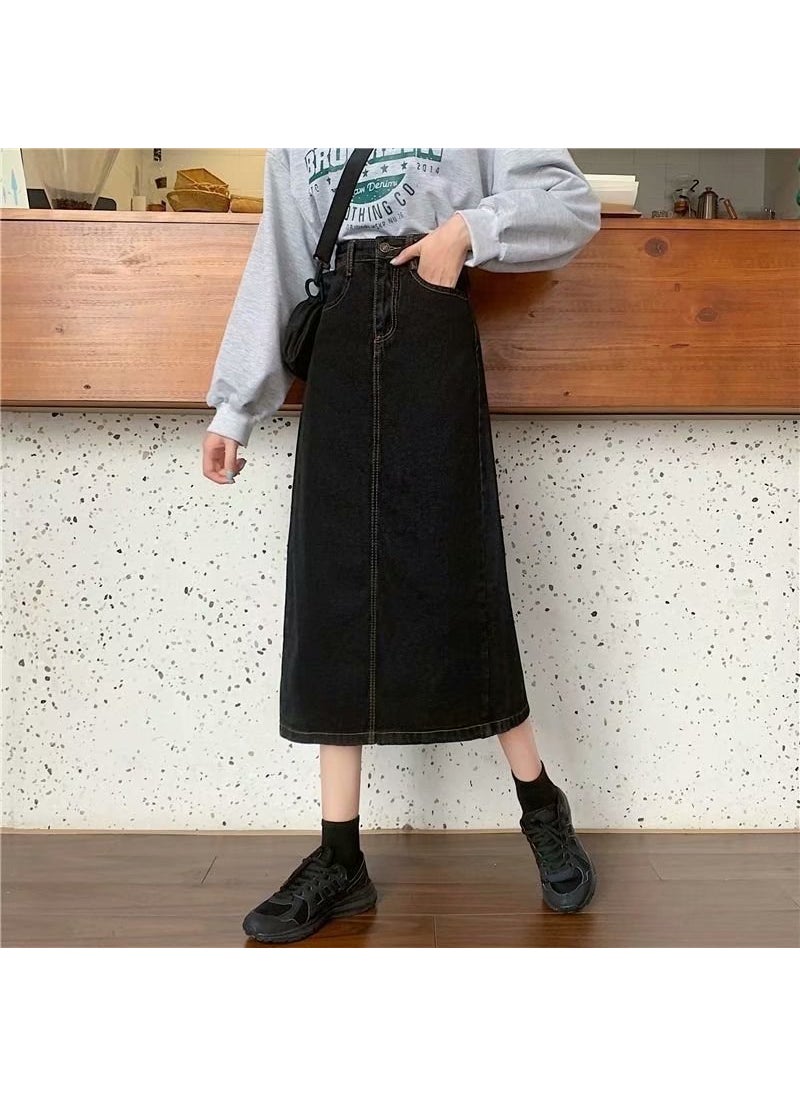 2023 Womens Autumn Winter Fashion High-Waist Slim A-Line Midi Skirt Black and gray