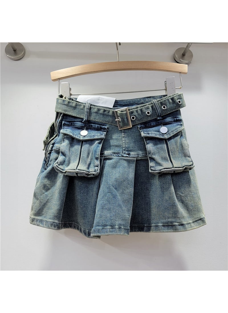 High Waist Pleated Denim Skirt for Petite Blue