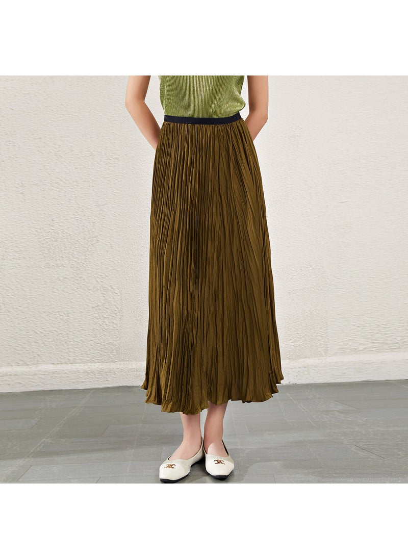 High Waist Chic Pleated Midi Skirt Silky Satin Dark brown