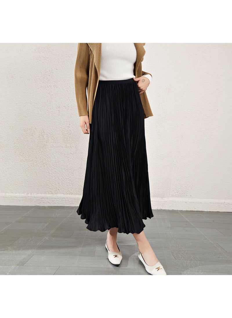 High Waist Chic Pleated Midi Skirt Silky Satin Black