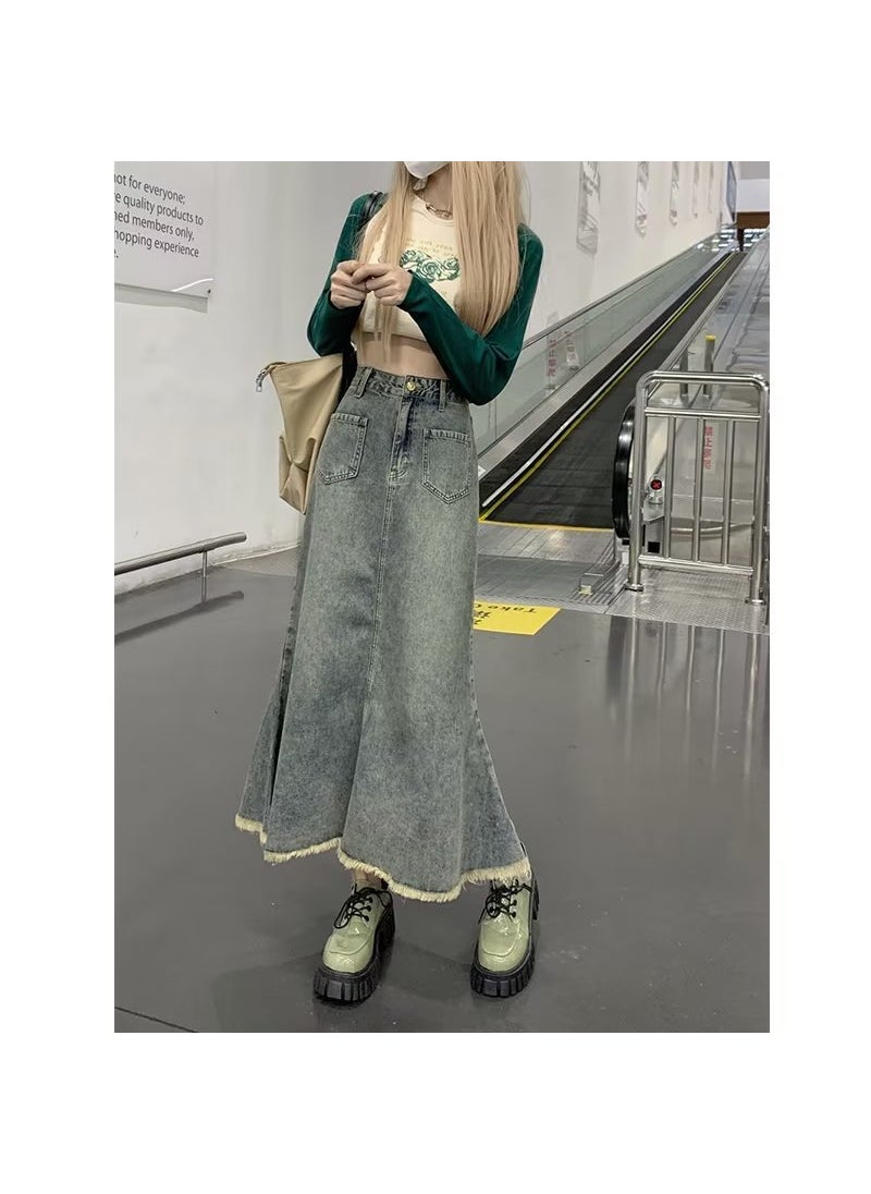 Vintage Denim Skirt Women Autumn 2023 High Waist A-Line Slimming Mid-Length Mermaid Skirt vintage blue