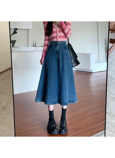 2023 Autumn High Waist Patchwork Denim Skirt Blue