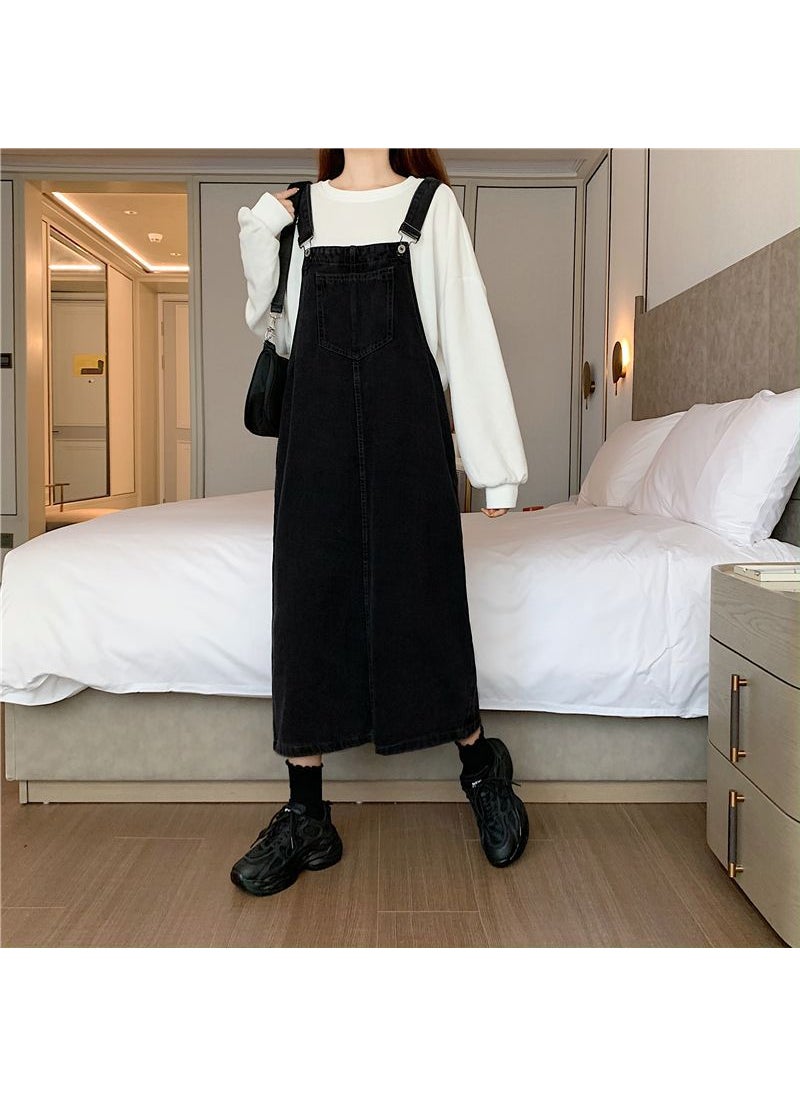 Plus Size Denim Suspender Skirt Slimming Autumn Black one-piece strap skirt [version]]