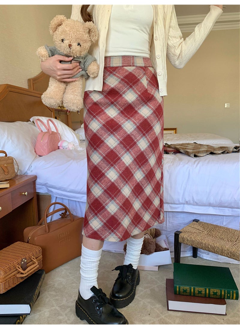 1 x 5 pcs Plaid Woolen Skirt Women High Waist Retro Mini A-Line Long red