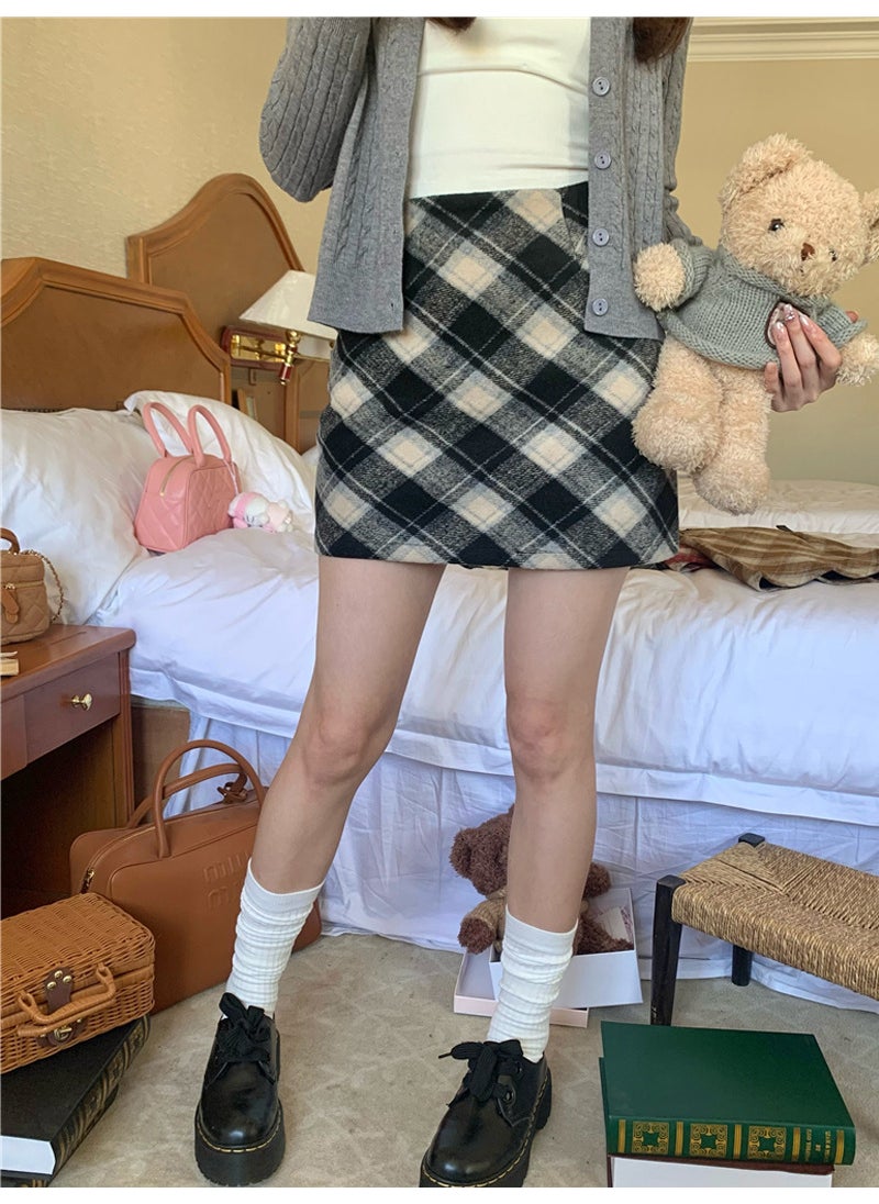 1 x 5 pcs Plaid Woolen Skirt Women High Waist Retro Mini A-Line Short Black