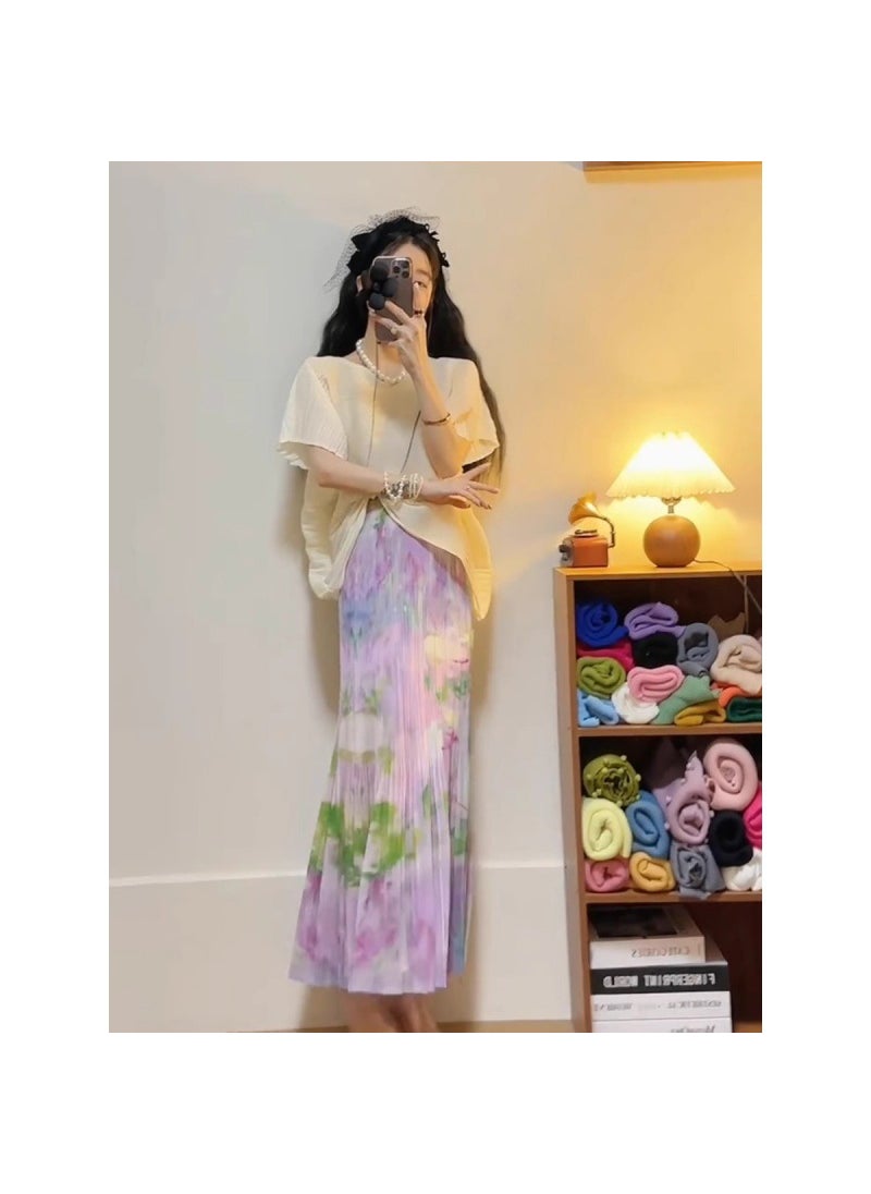 Elegant Chic Pleated Skirt Set Purple purple overskirt