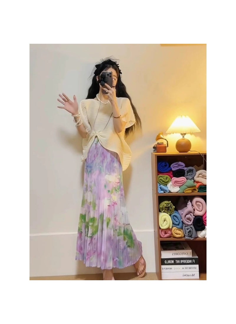 Elegant Chic Pleated Skirt Set Purple Apricot top