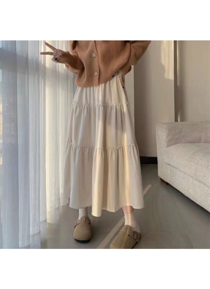 Elegant White Elastic Waist Skirt Summer Apricot