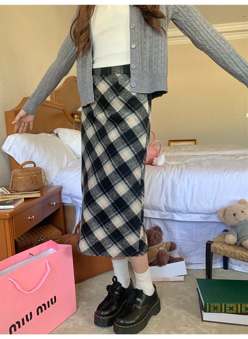 1 x 5 pcs Plaid Woolen Skirt Women High Waist Retro Mini A-Line Long black