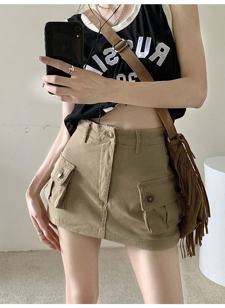 Chic Slimming Denim Skater Skirt Khaki High-Waist Khaki