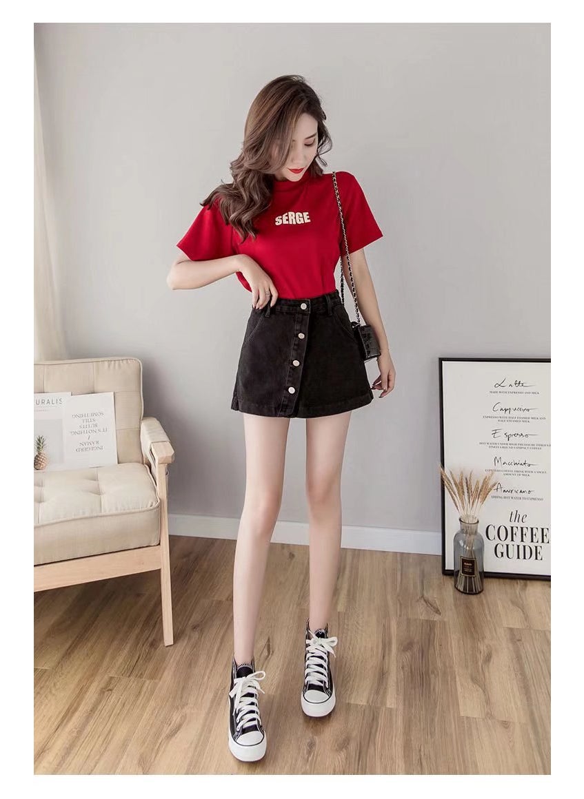 Denim Skirt Womens Large Size 2022 Summer New Student Korean Style High Waist Loose Wide Leg Half Pants Skirt Wholesale black