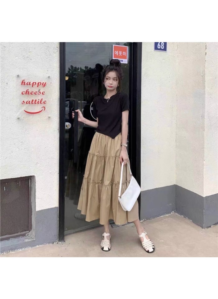 Elegant White Elastic Waist Skirt Summer Khaki
