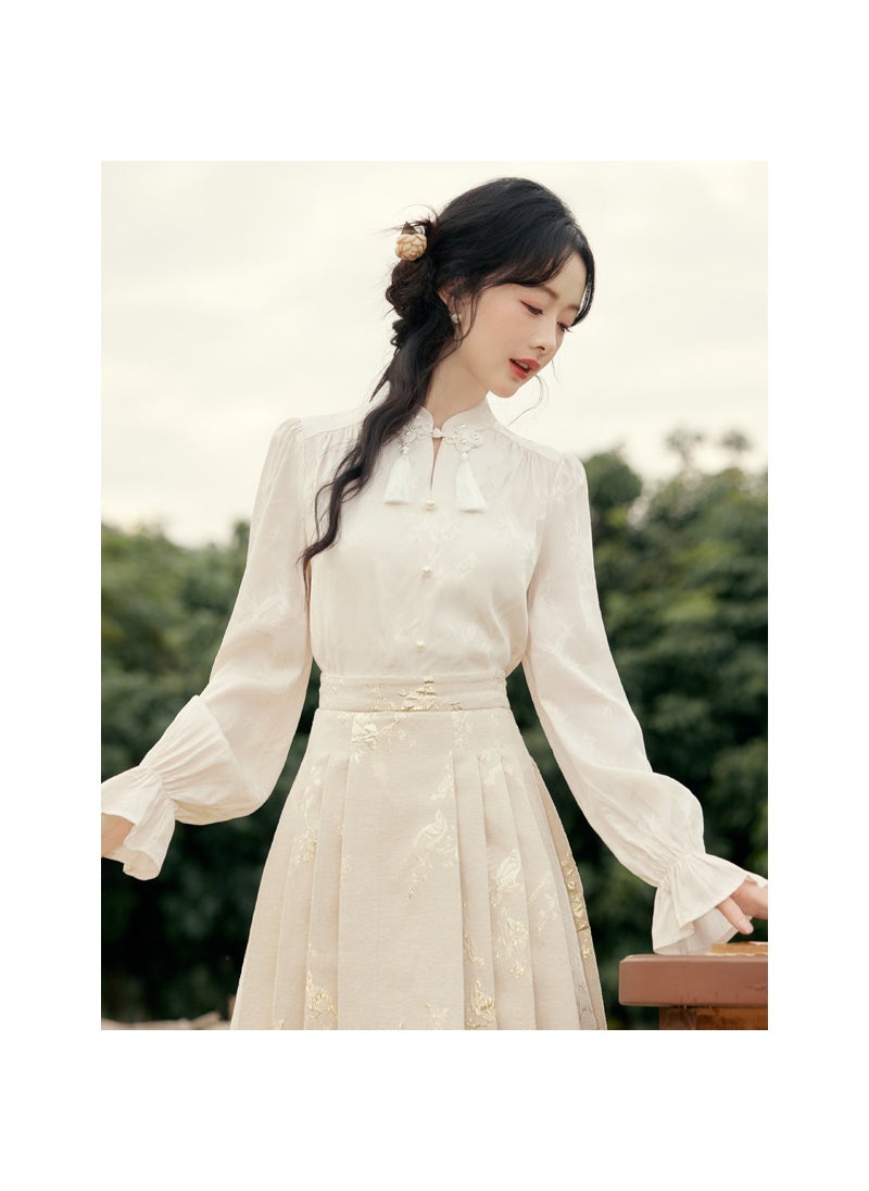 Womens clothing 2024 spring and autumn three lines New retro tassel open new Chinese style shirt + temperament A- line skirt 5854 shirt