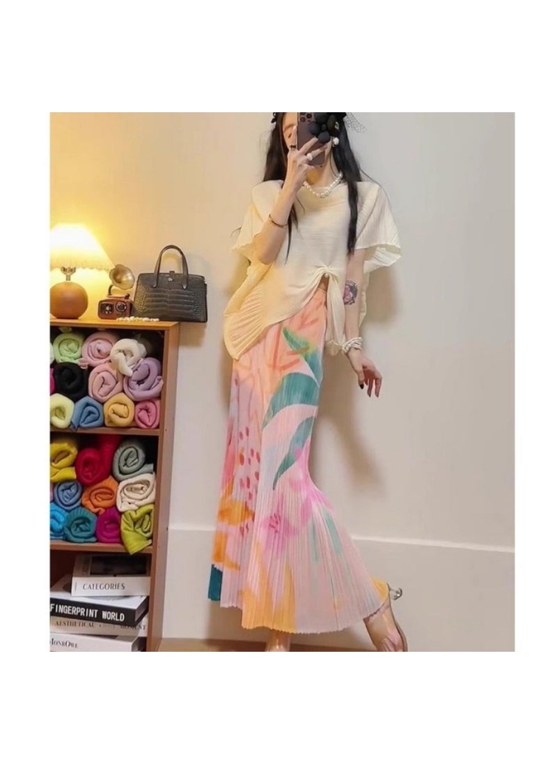 Elegant Chic Pleated Skirt Set Purple Pink overskirt