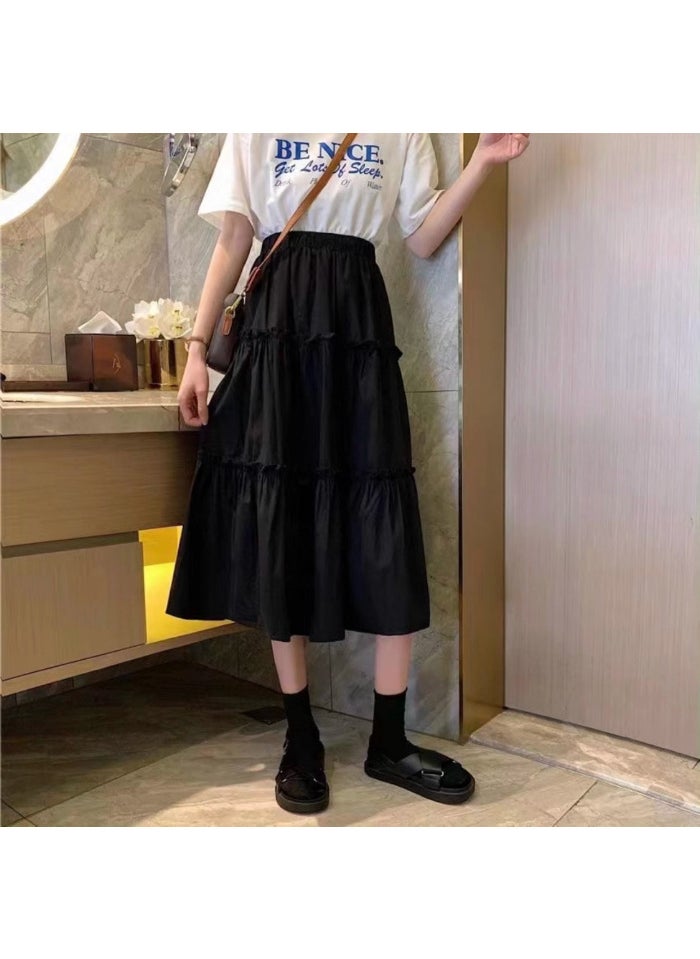 Elegant White Elastic Waist Skirt Summer Black