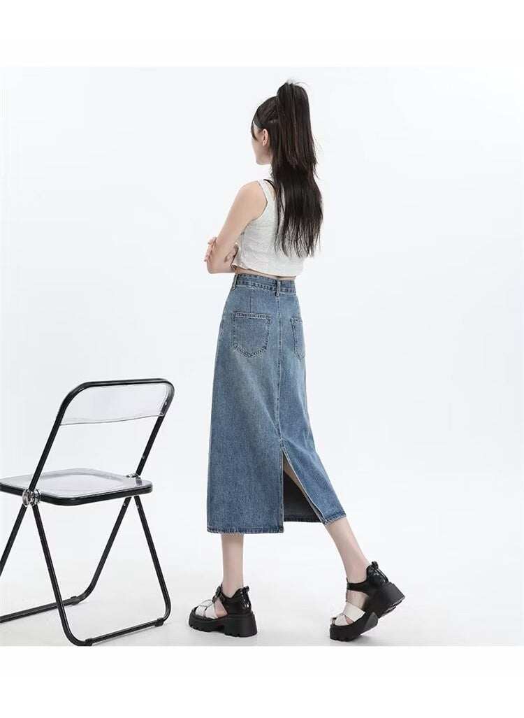 Retro Blue Denim Midi Skirt Split High Waist Slimming Spring Fall 2024 Womens Blue