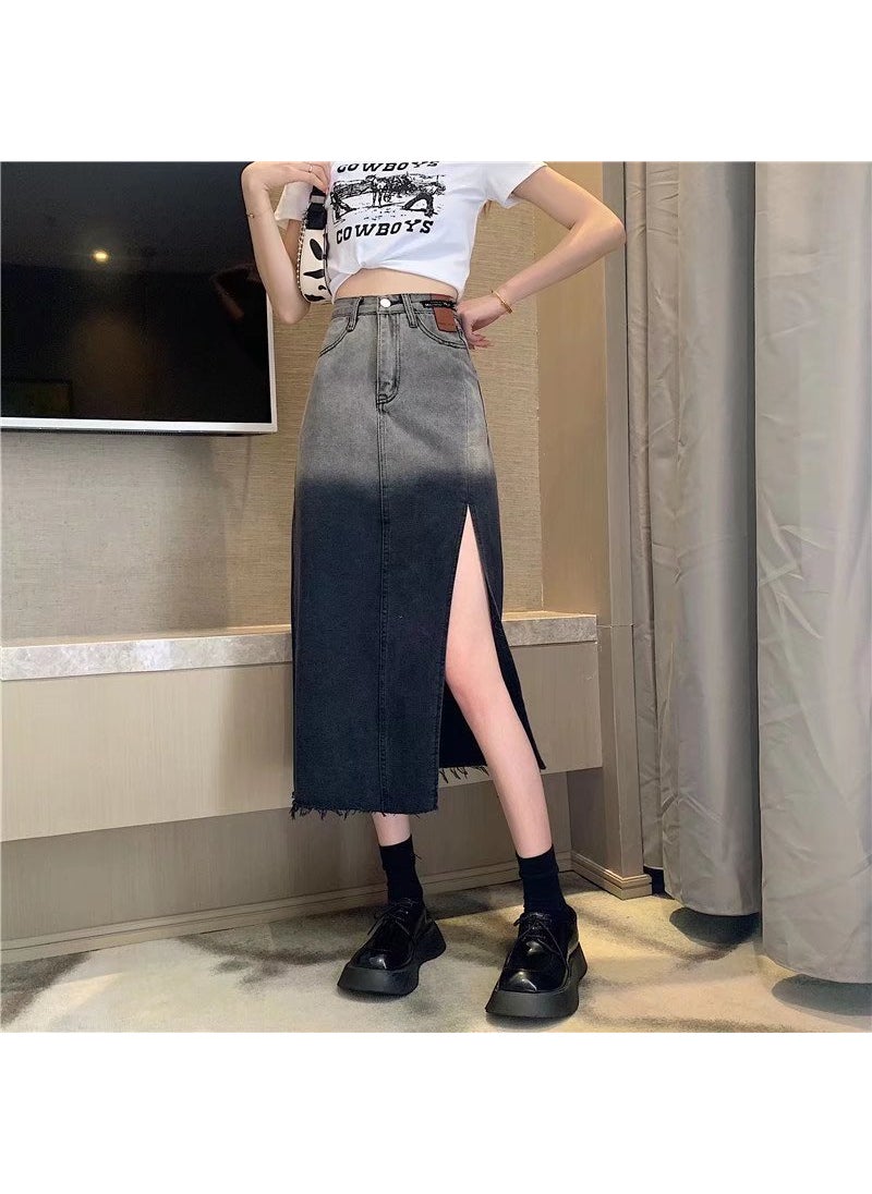 Summer Slim Denim Midi Skirt High Slit Gradient A-Line Black