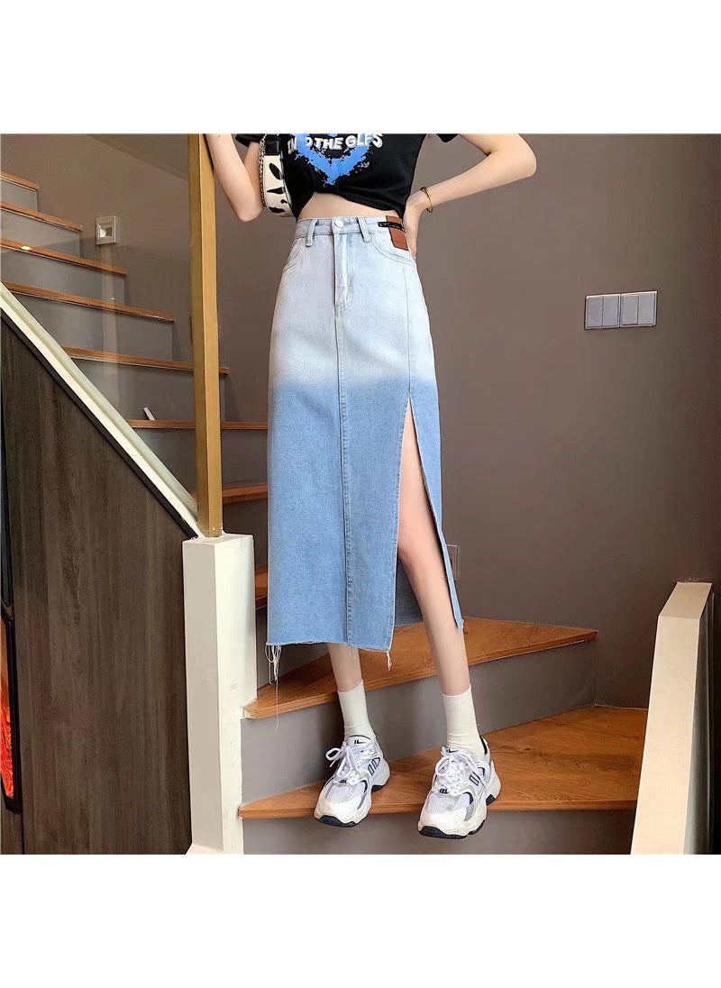 Summer Slim Denim Midi Skirt High Slit Gradient A-Line Blue