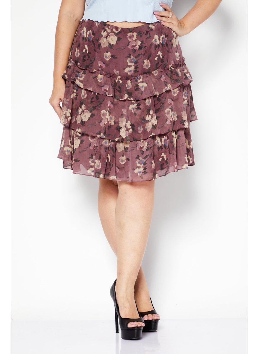 Women Plus Size Floral Printed Basic Mini Skirt, Purple Combo