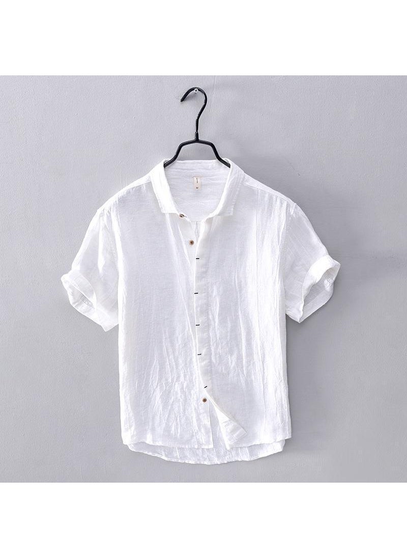 L795 Japanese Minimalist Plain Mens Short Linen Shirt Casual White