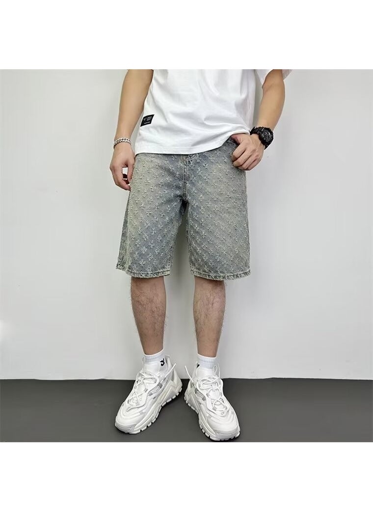 1 x 5 pcs Mens Summer Denim Shorts Loose Cargo Mid-Length Blue