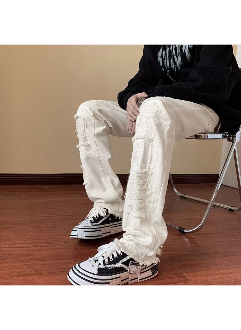 Summer Distressed Straight-Leg Jeans for Men White