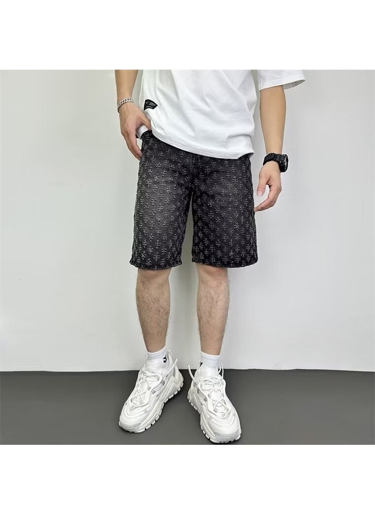 1 x 5 pcs Mens Summer Denim Shorts Loose Cargo Mid-Length Black