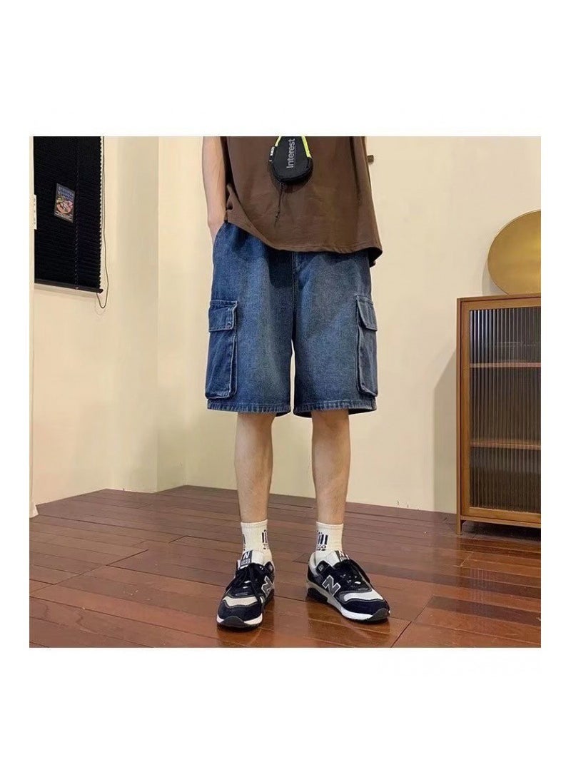 Blue Oversized Cargo Denim Shorts Mens Summer Casual Dark blue