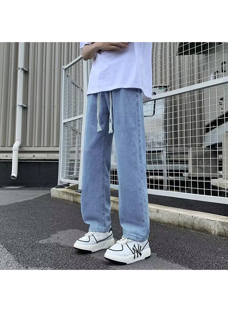 1 x 5 pcs Jeans Mens 2024 New Summer Thin Loose Straight American Casual Waist Drawstring plus size Long Pants light blue