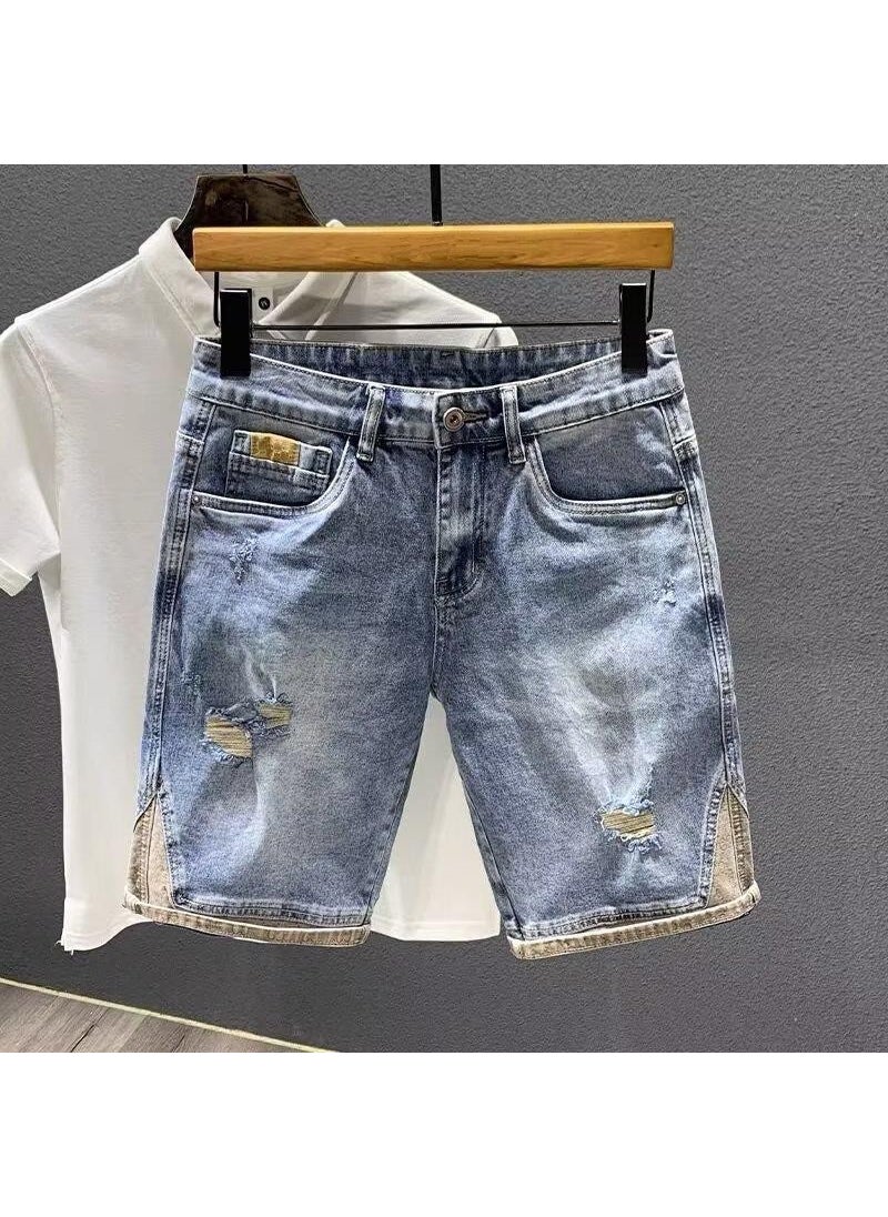 Vintage Distressed Denim Shorts Mens Summer Casual Blue