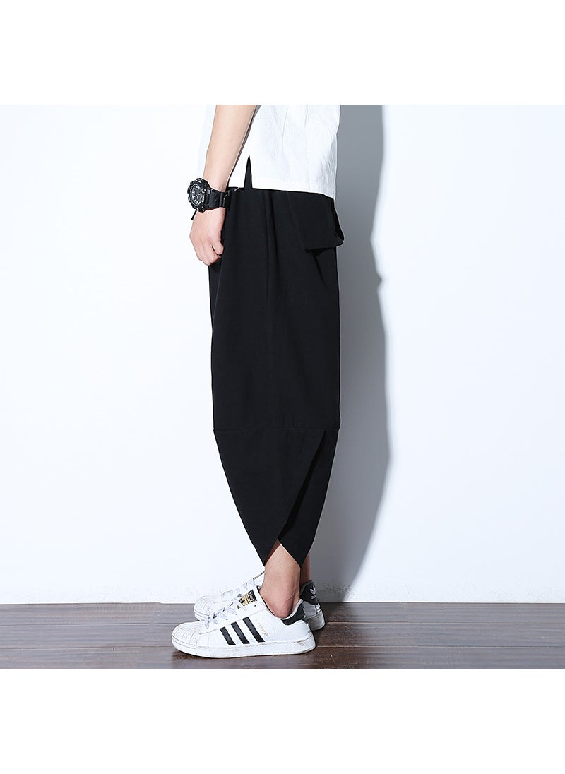 Summer Chinese Style Mens Capri Beach Pants Black